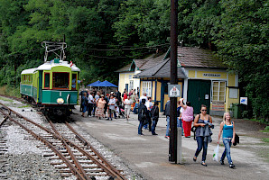 Lokalbahn-Zug und Besucher im Bahnhof Payerbach-Lokalbahn (© ÖGLB/Albin Michlmayr)