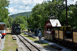 Diesellok V2 und E-Lok E1 kreuzen sich mit Foto-Güterzügen im Bahnhof Reichenau (© ÖGLB/Albin Michlmayr)